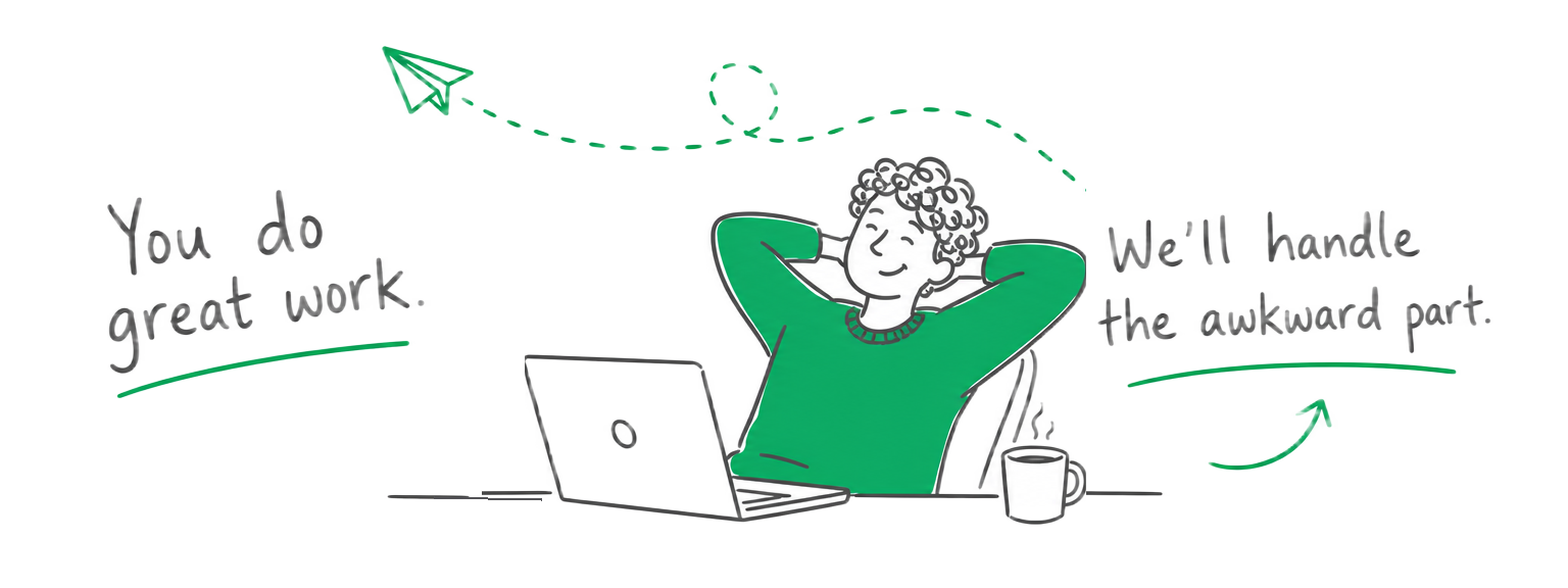 Freelancer relaxing at a laptop while invoiceit handles the awkward payment follow-ups